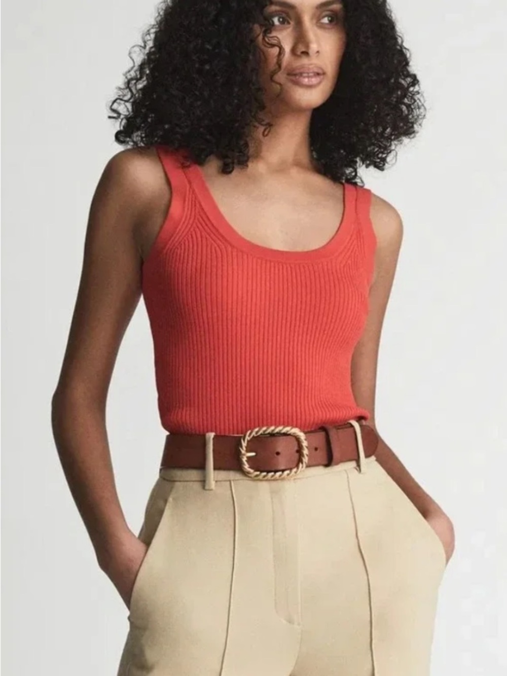 Reiss Sabrina Ribbed Scoop Neck Tank Top in Coral